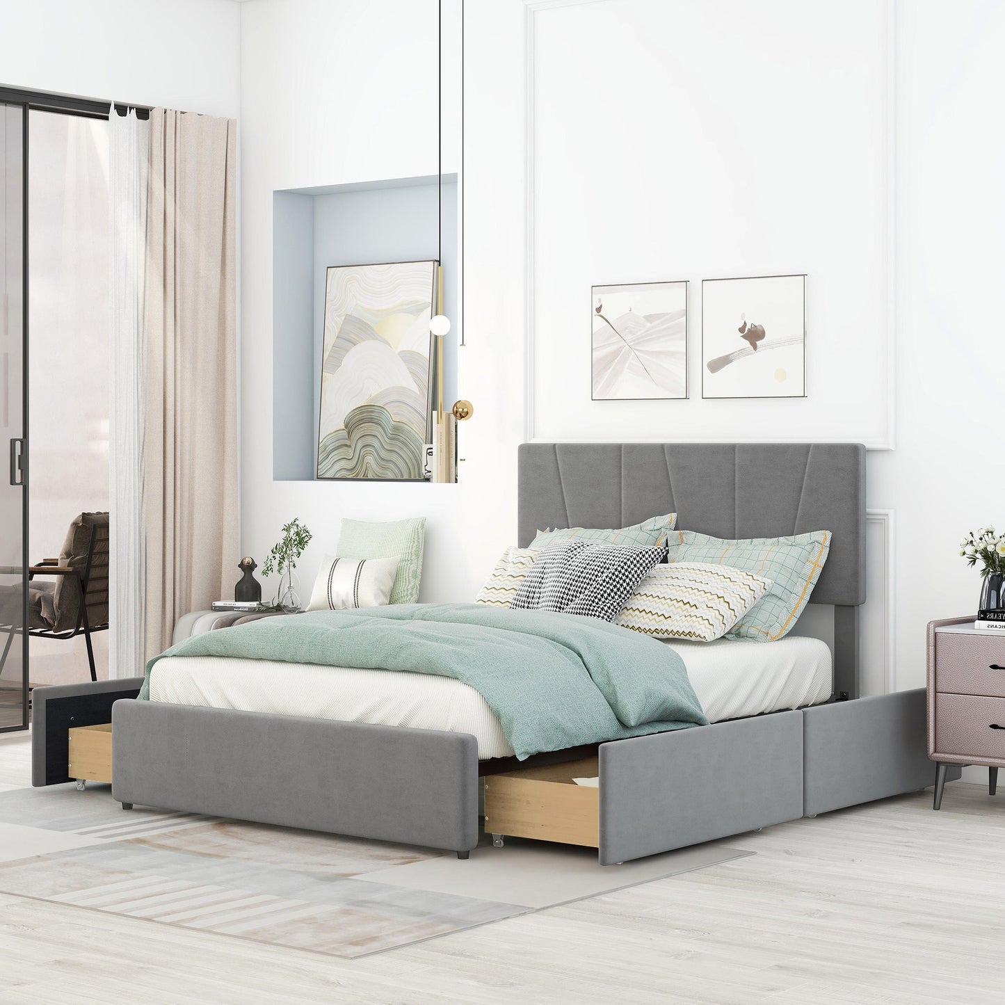 Full Size Upholstery Platform Bed with Four Drawers on Two Sides, Adjustable Headboard, Grey(: WF291773EAA)