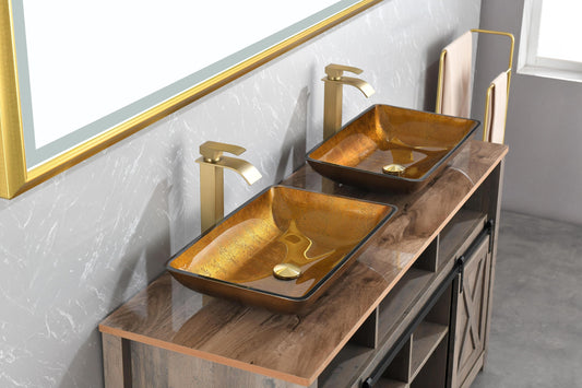 Gold Glass Rectangular Vessel Bathroom Sink Set with Faucet and Pop-Up Drain