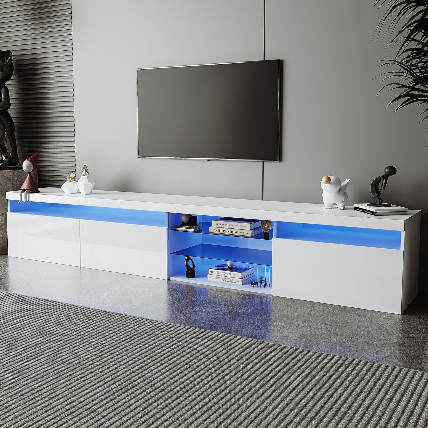 Modern White TV Stand with Glass Shelves and LED Lights for TVs Up to 100