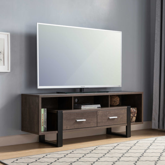 (Walnut Oak & Black) TV Stand with 3 Shelves and 2 Drawers - Walnut and Black TV Console with Storage