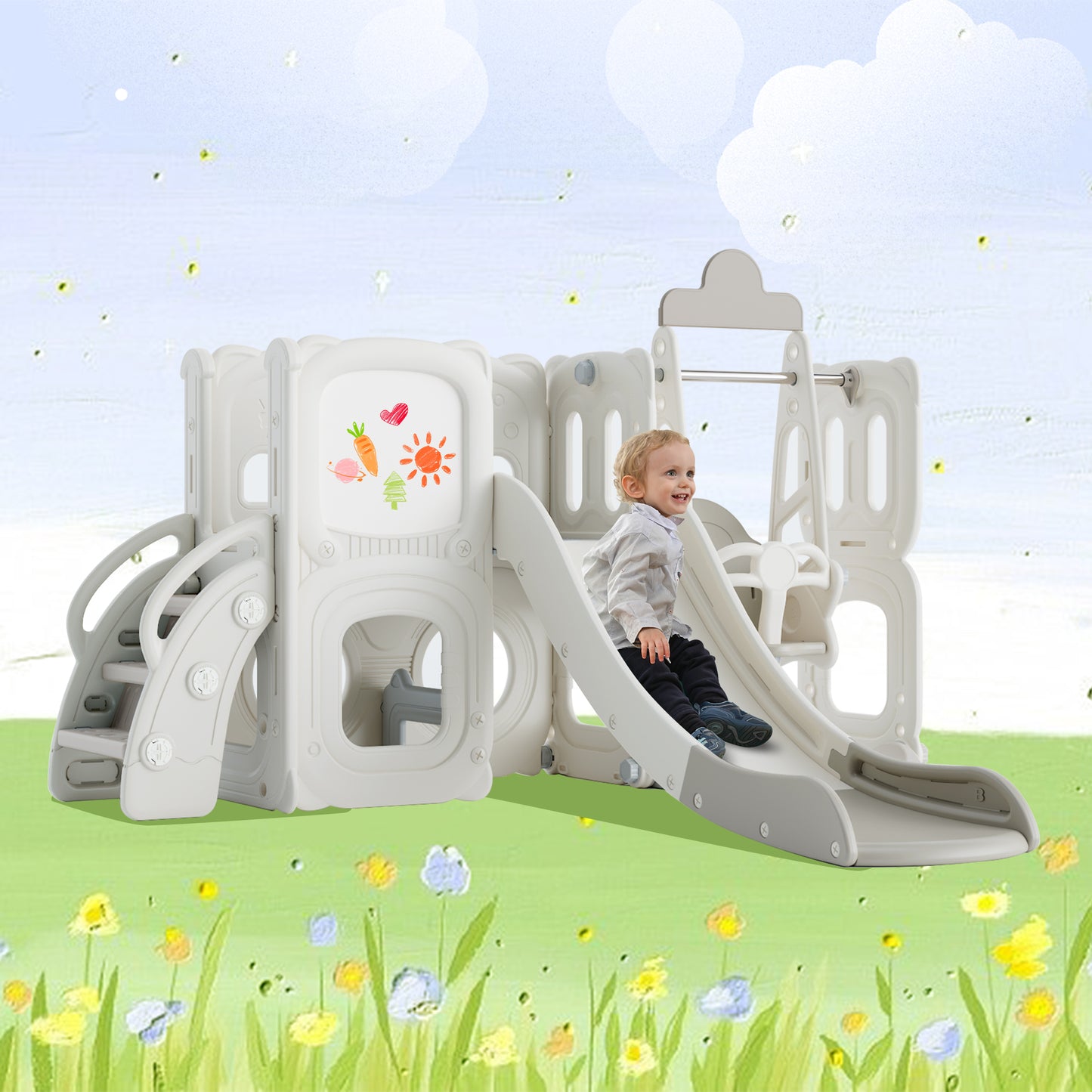 5 in 1 Toddler Slide and Swing Set with Drawing Whiteboard, Kitty-Themed Playset