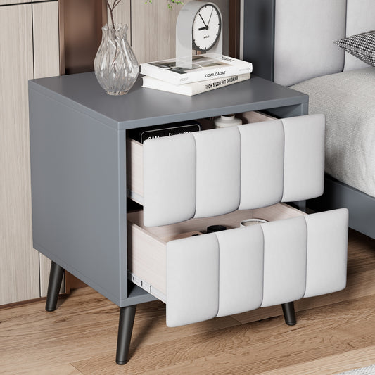 2-Drawer Nightstand for Bedroom, Mordern Wood+Linen Bedside Table with Classic Design,Gray+White