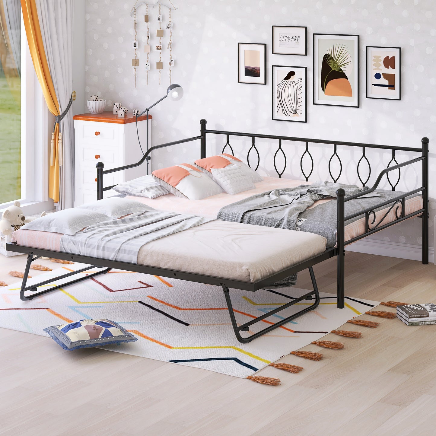 Full Size Metal Daybed with Twin Size Adjustable Trundle, Portable Folding Trundle, Black