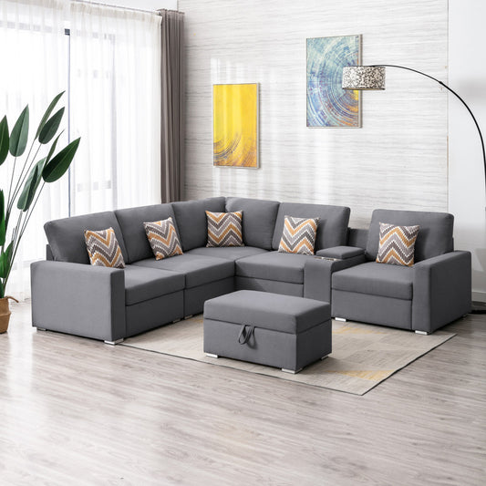 Modular Gray Linen Sectional Sofa Set with Storage Ottoman and Charging Ports