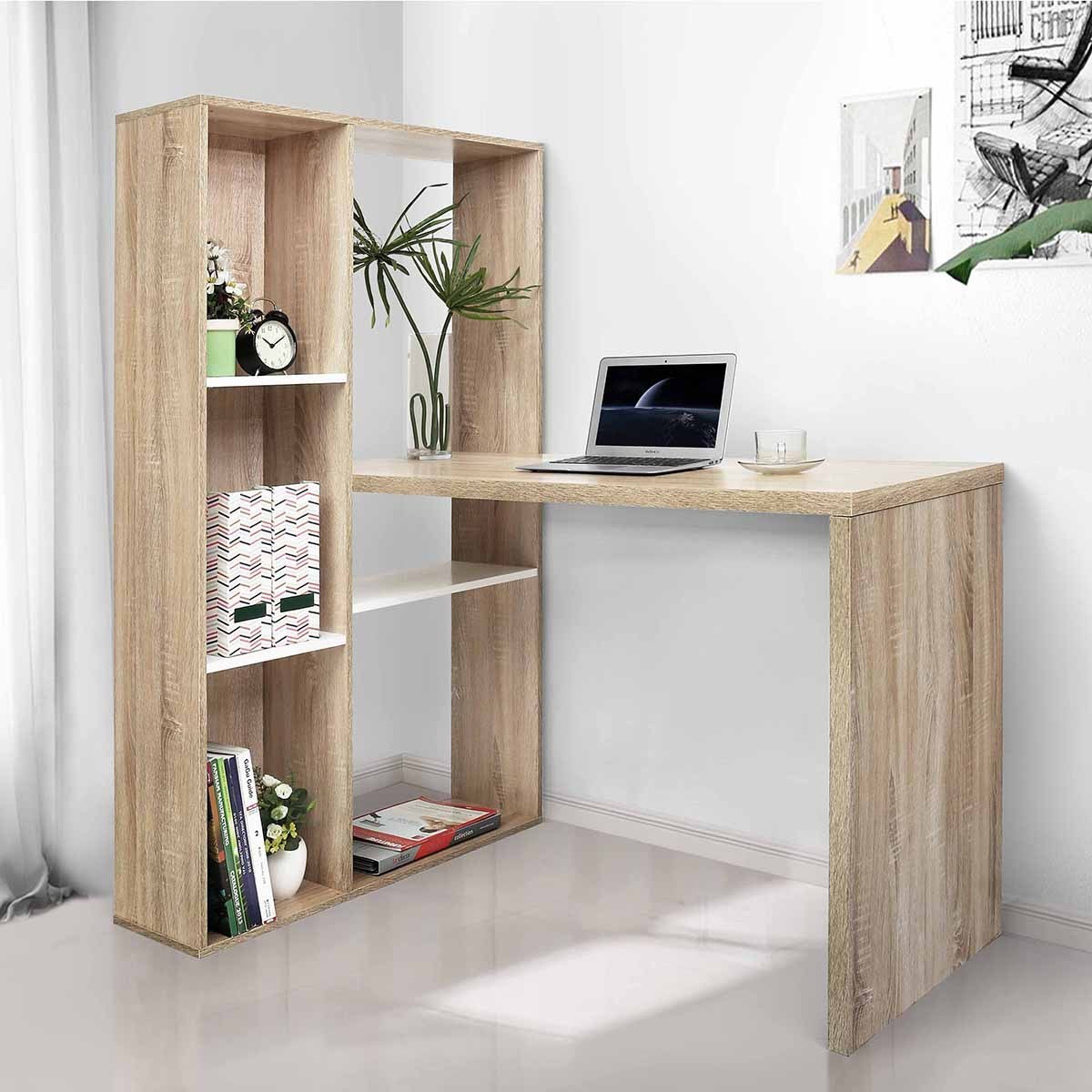 Innovative L-Shaped Oak Computer Desk with Flexible Shelves