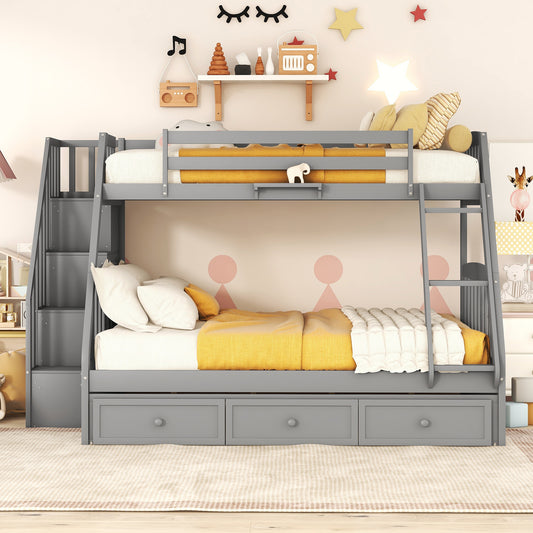 Gray Twin-Over-Full Bunk Bed with Storage Staircase, Ladder, and Drawers