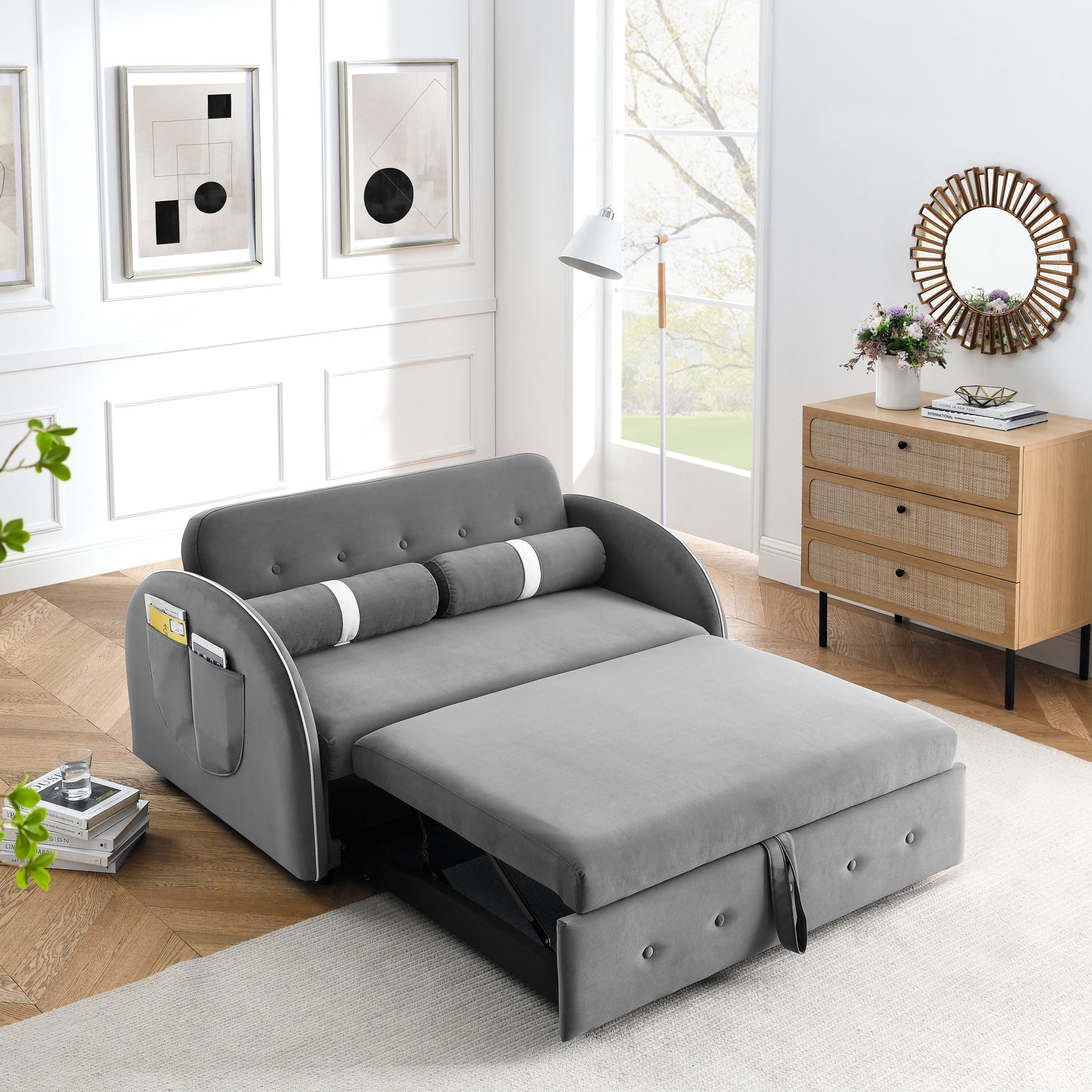 Modern 55.5" Pull Out Sleep Sofa Bed 2 Seater Loveseats Sofa Couch with side pockets, Adjsutable Backrest and Lumbar Pillows for Apartment Office Living Room