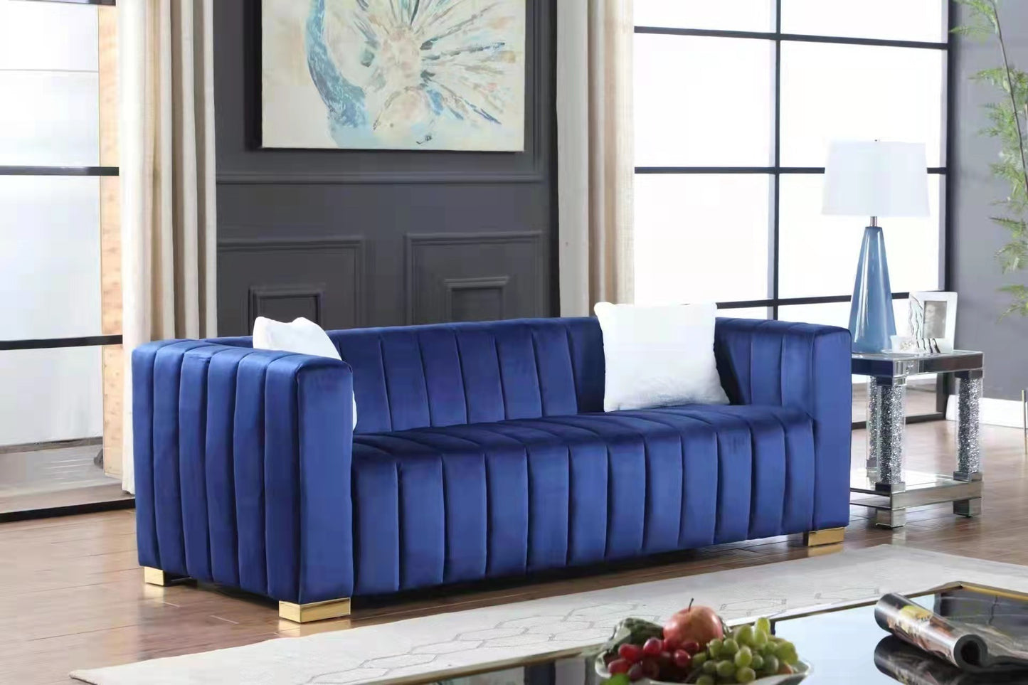 A modern  channel sofa  take on a traditional Chesterfield,Navy blue color,3 seater