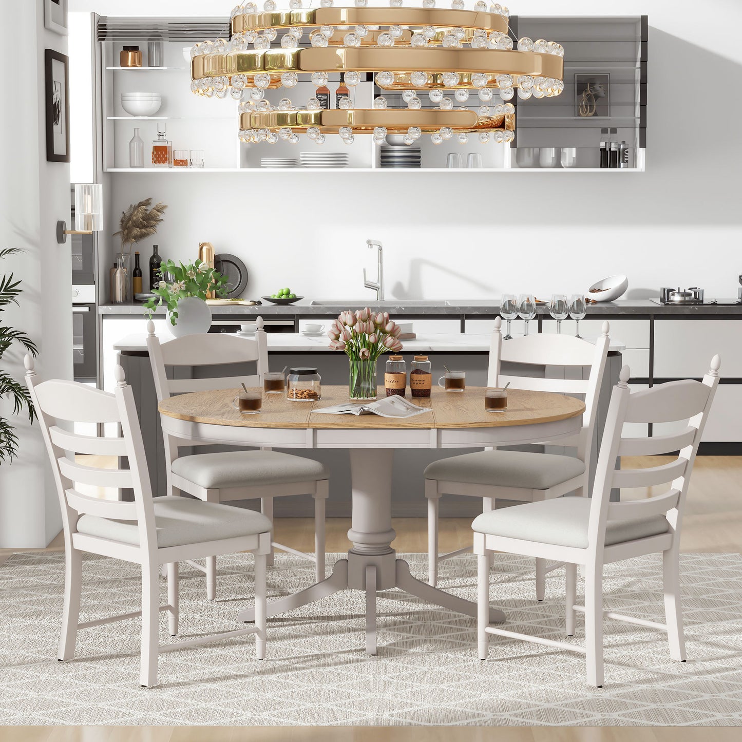 TREXM 5-Piece Retro Functional Dining Table Set Wood Round Extendable Dining Table and 4 Upholstered Dining Chairs (Off White)