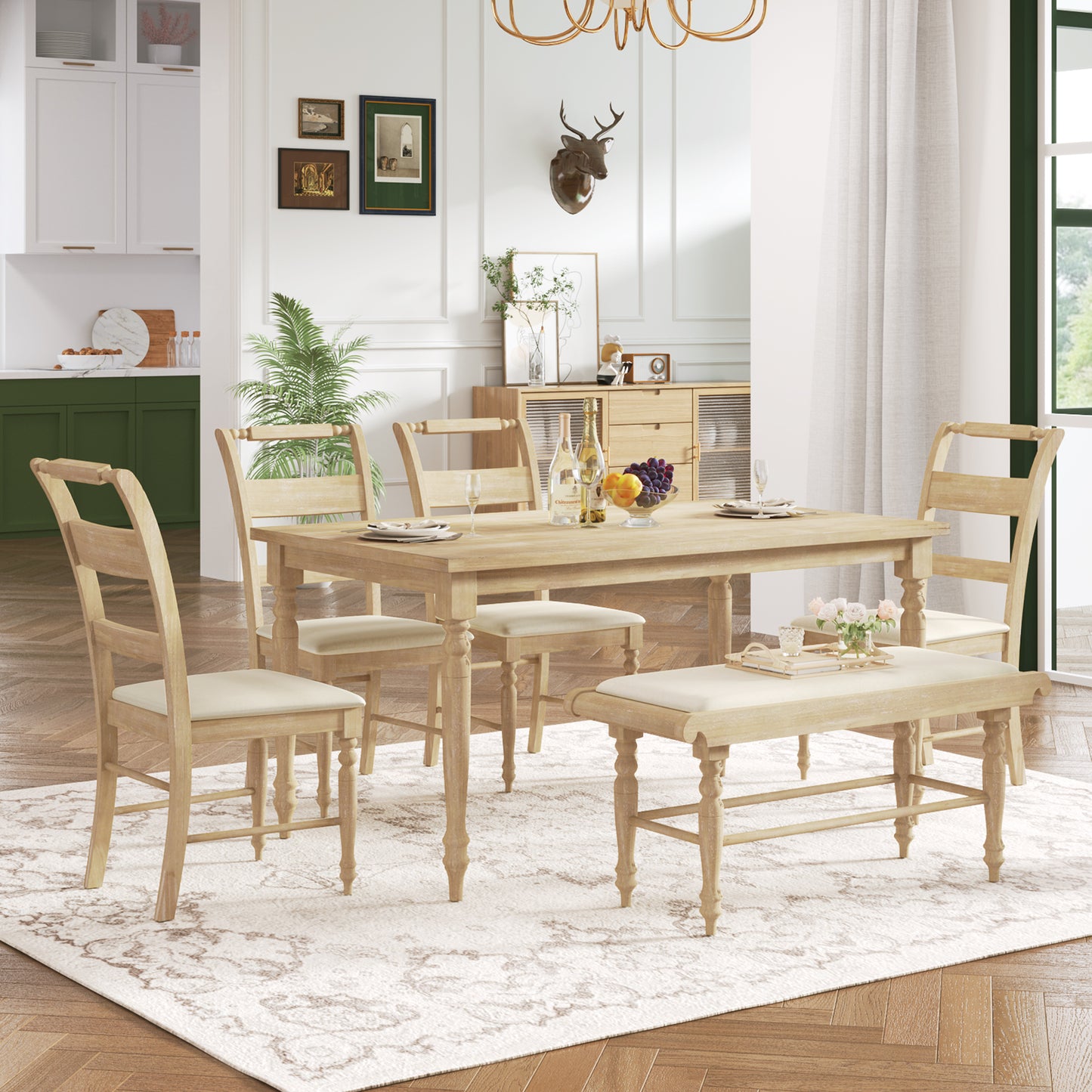 6-peice Dining Set with Turned Legs, Kitchen Table Set with Upholstered Dining Chairs and Bench,Retro Style, Natural