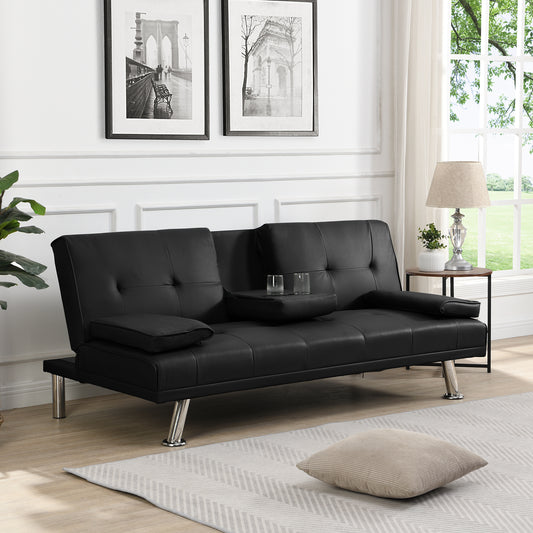 sofa bed with Armrest two holders  WOOD FRAME, STAINLESS LEG, FUTON BLACK  PVC