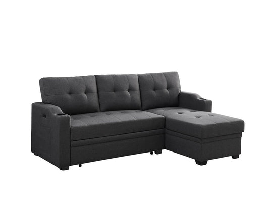 Mabel Dark Grey Linen Fabric Sleeper Sectional with Cupholder, USB Charging Port, and Storage Pocket