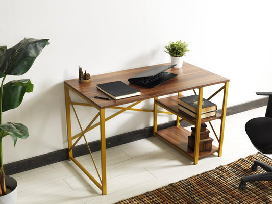 Elegant Morello Gold Metal Frame Writing and Computer Desk with Wooden Top and Shelves, White - Sophisticated Home Office Desk