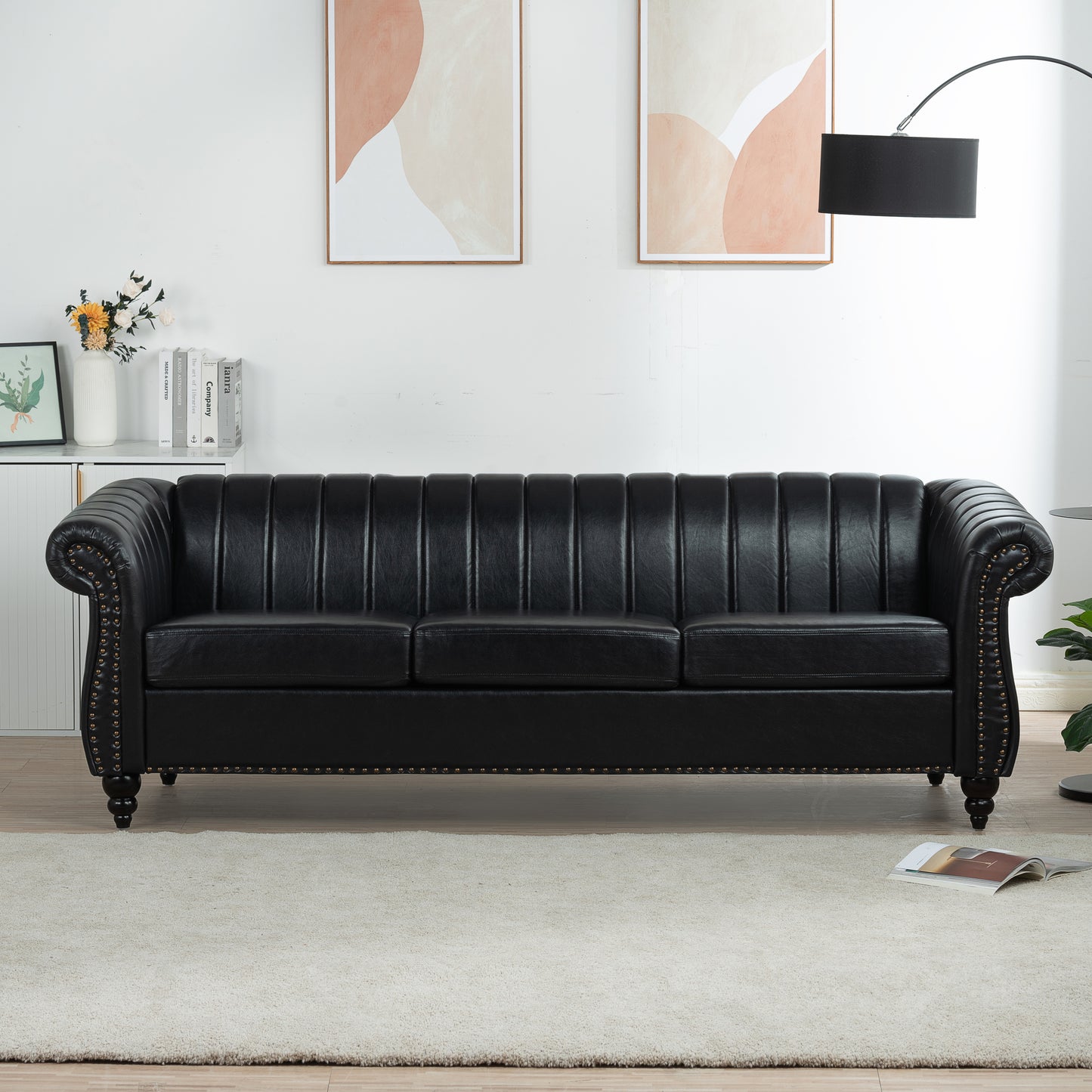 Elegant Black PU Rolled Arm Chesterfield Three-Seater Sofa, 83.46