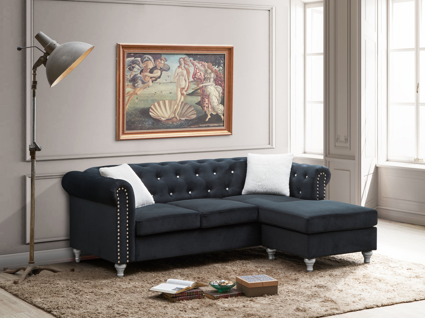 Raisa Luxury Black Velvet Sofa Chaise