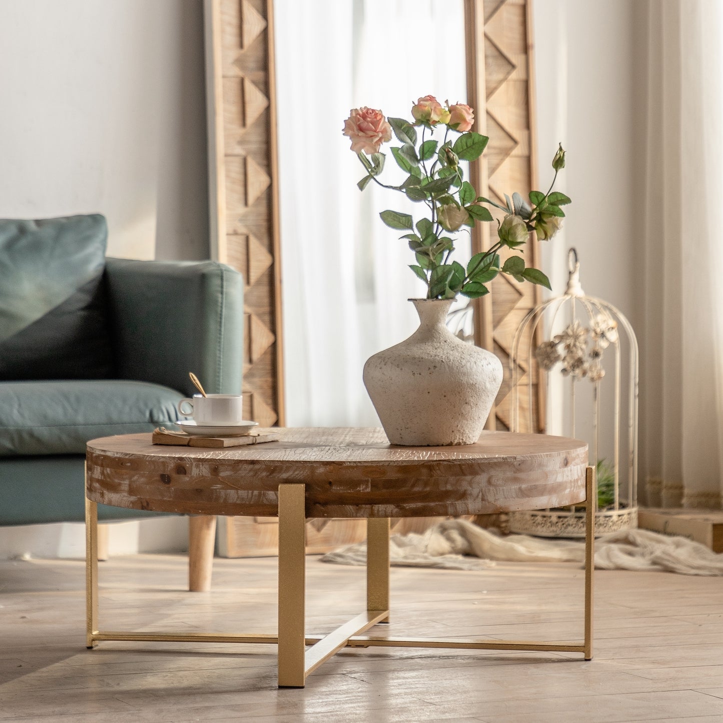 Modern Retro Splicing Round Coffee Table with Gold Cross Legs and Fir Wood Table Top (SKU: W757123559)