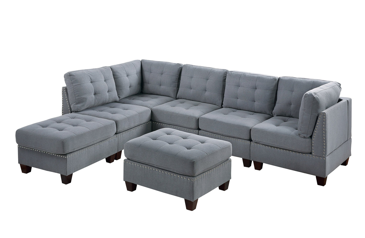 7-Piece Gray Linen-Like Modular Sectional Set with Tufted Nail Head Detailing