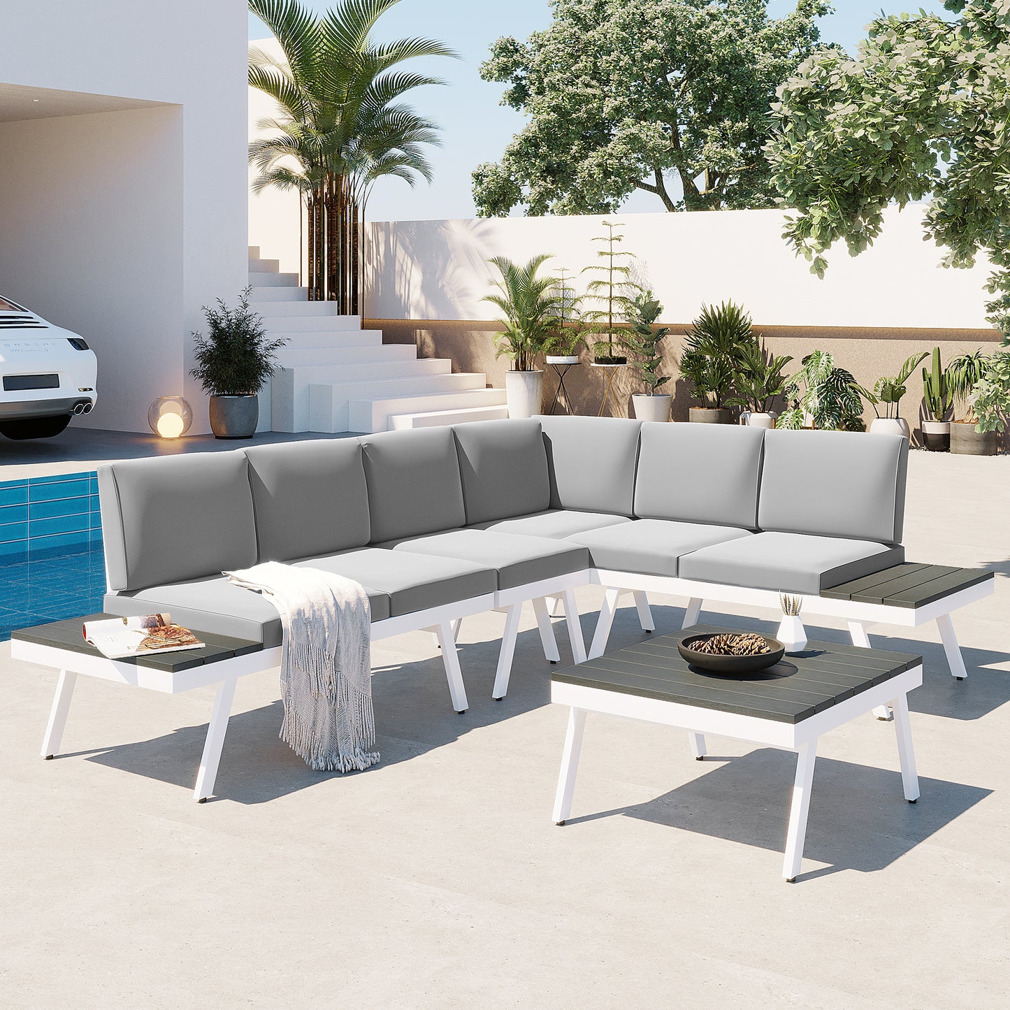 Aluminum Outdoor Patio Furniture Set with End Tables and Coffee Table, White and Grey Sectional Sofa Set