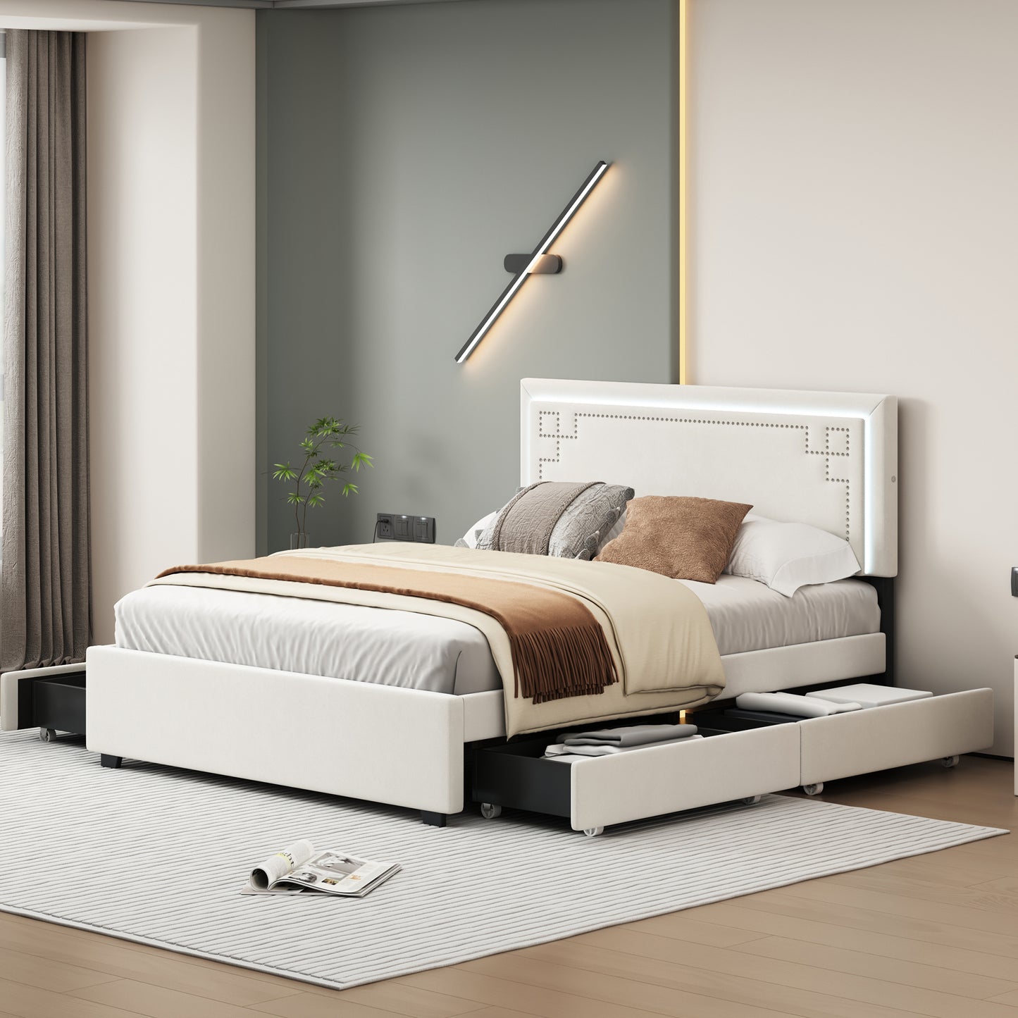 Queen Size Upholstered Platform Bed with Rivet-decorated Headboard, LED bed frame and 4 Drawers, Beige