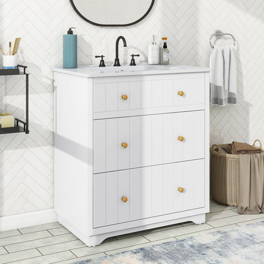 [Video]30-Inch Modern White Bathroom Vanity Cabinet with two drawers