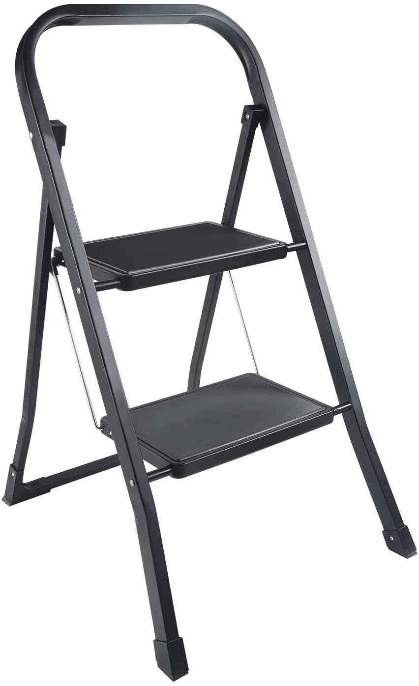 2 Step Ladder, Folding Step Stool with Wide Anti-Slip Pedal, 330 lbs Sturdy Steel Ladder, Convenient Handgrip, Lightweight, Portable Steel Step Stool, Black, HILADDFOLD2B