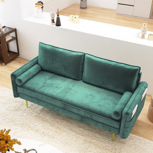 71'' Green Velvet Mid-Century Sofa with Throw Pillows and Armrest Pockets