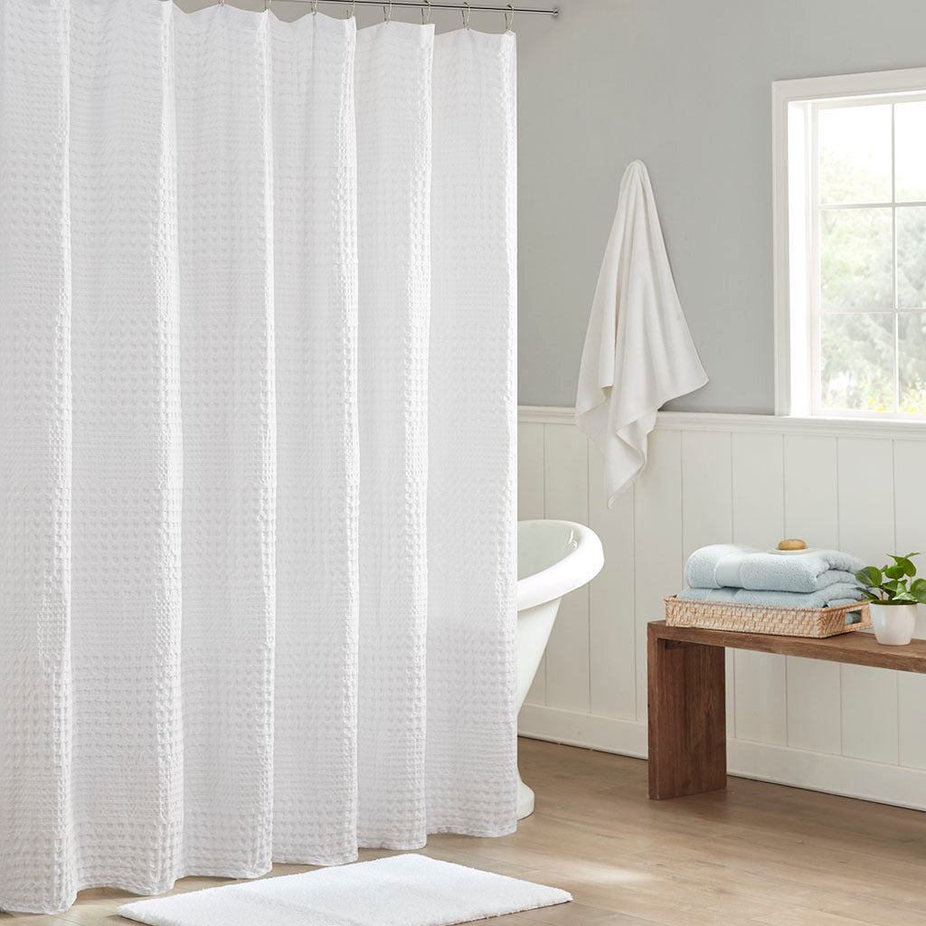 White Cotton Waffle Weave Spa Shower Curtain