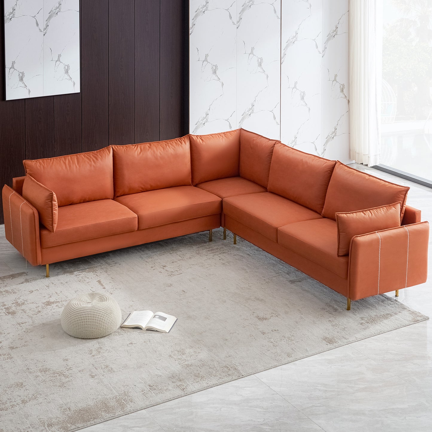 L-Shaped Corner Sectional Technical leather Sofa-Orange, 92.5*92.5''