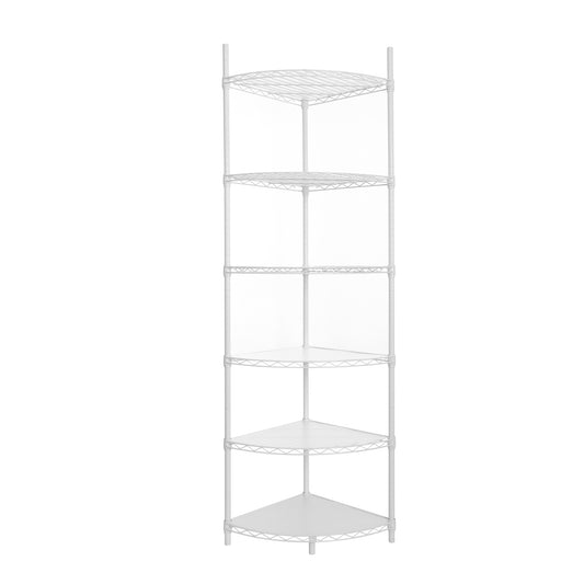 6 Tier Shelf Corner Wire Shelf Rack Adjustable Metal Heavy Duty Free Standing Corner Storage Display Chrome Rack for Bathroom, Living Room, Kitchen - White