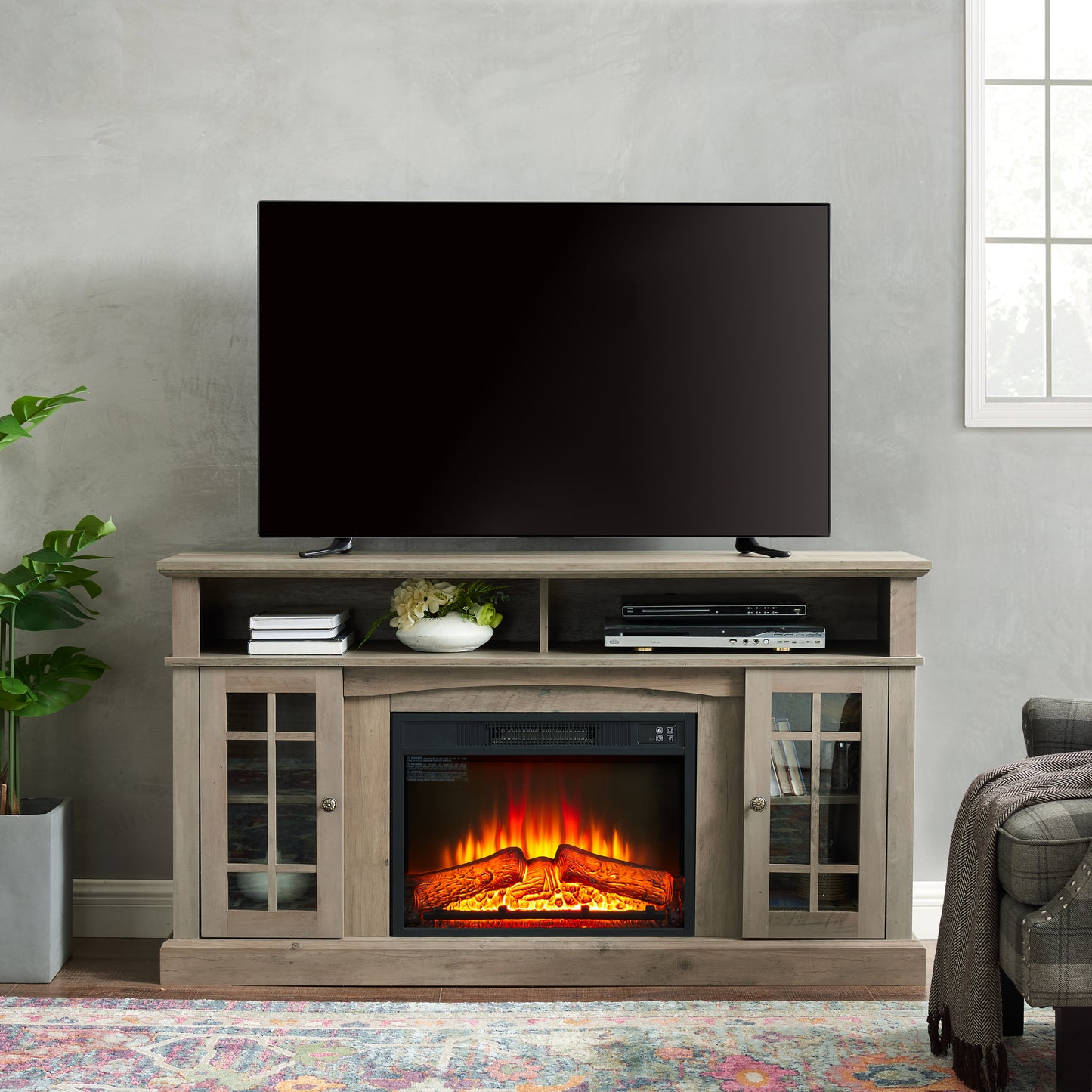 Elegant Gray Wash TV Stand with Fireplace Insert for TVs Up to 65 and Ample Storage Space