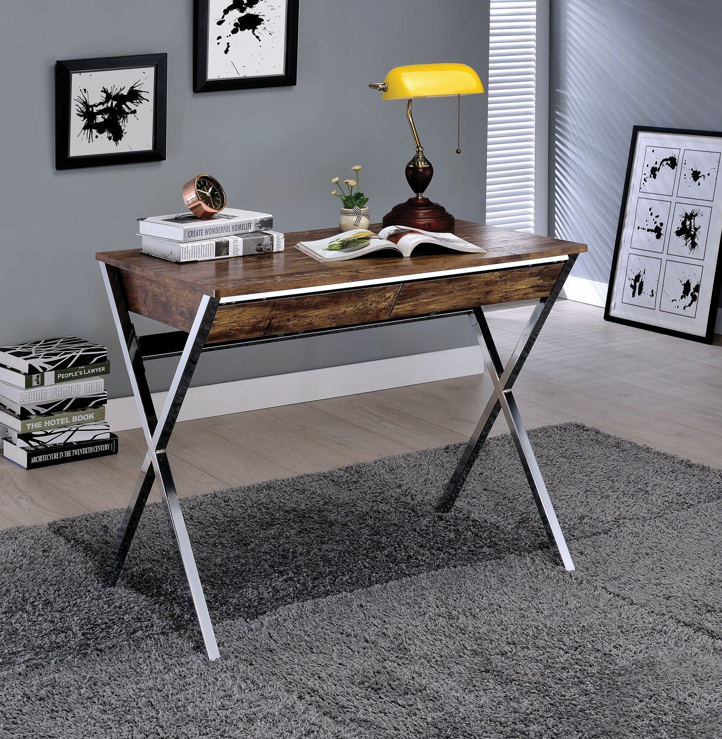 Elegant Weathered Oak and Chrome Writing Desk