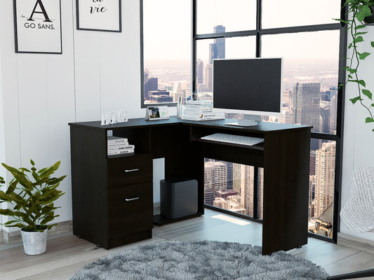 Sleek Black Corner Desk with Keyboard Tray and Ample Storage Options