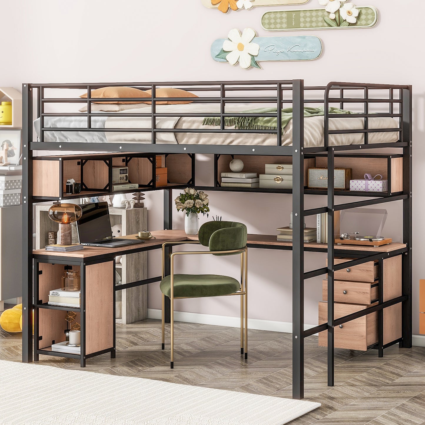 Metal Loft Bed with bookcase, desk and cabinet, Full, Black