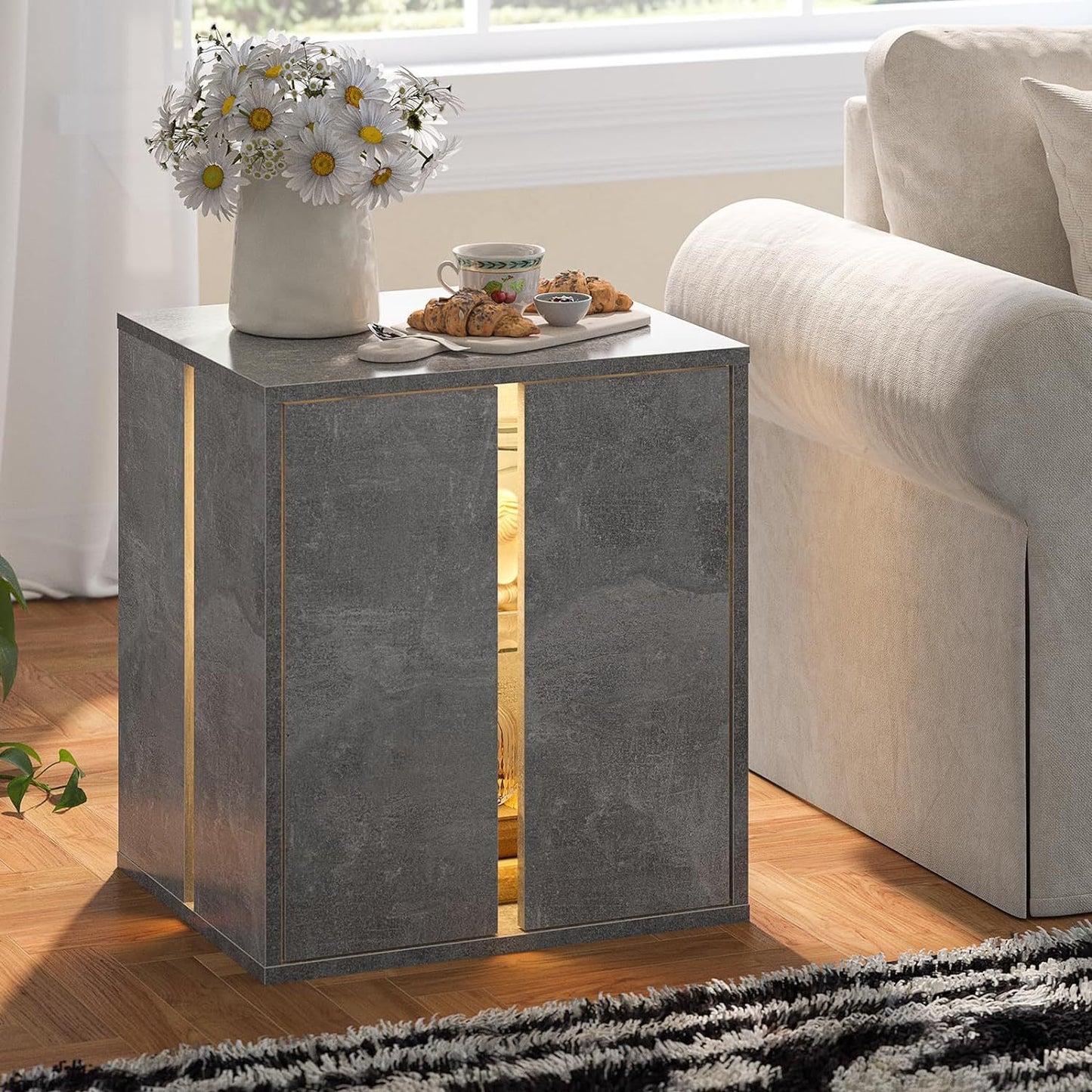 Bedside Tables with LED Farmhouse Gray Nightstand Tables with Glass Shelves Led End Table for Living Room (Gray)