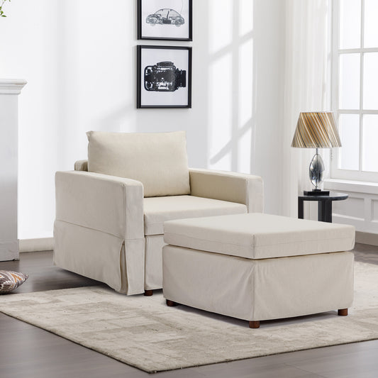 Single Seat Module Sofa Sectional Couch With 1 Ottoman,Cushion Covers Removable and Washable,Cream