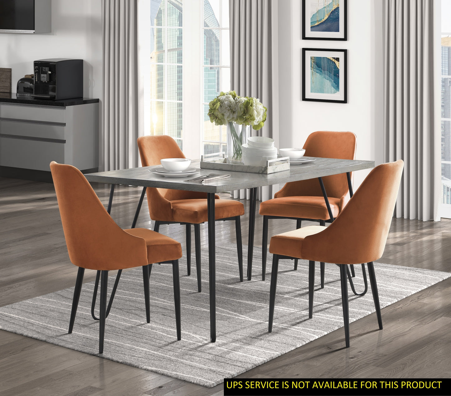 Modern Sleek Design 5pc Dining Set Table and 4x Side Chairs Orange Velvet Casual Metal Frame Stylish Dining Furniture