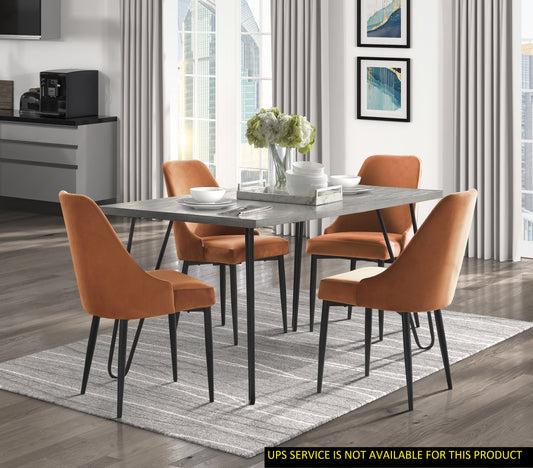 Modern Sleek Design 5pc Dining Set Table and 4x Side Chairs Orange Velvet Casual Metal Frame Stylish Dining Furniture