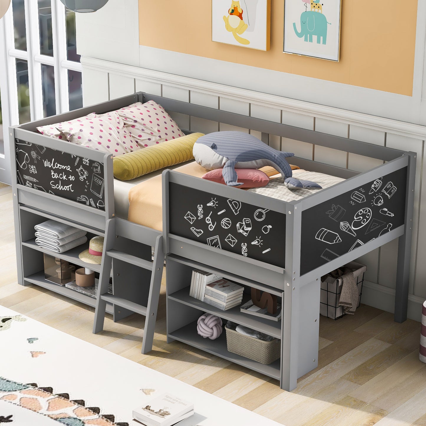 Twin Size Low Loft Bed with Two Movable Shelves and Ladder,with Decorative Guardrail Chalkboard,Gray(: WF283286AAE)