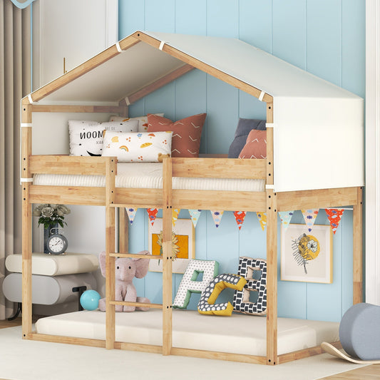 Natural Wood Twin Bunk Bed with Playful Tent in Rural Design