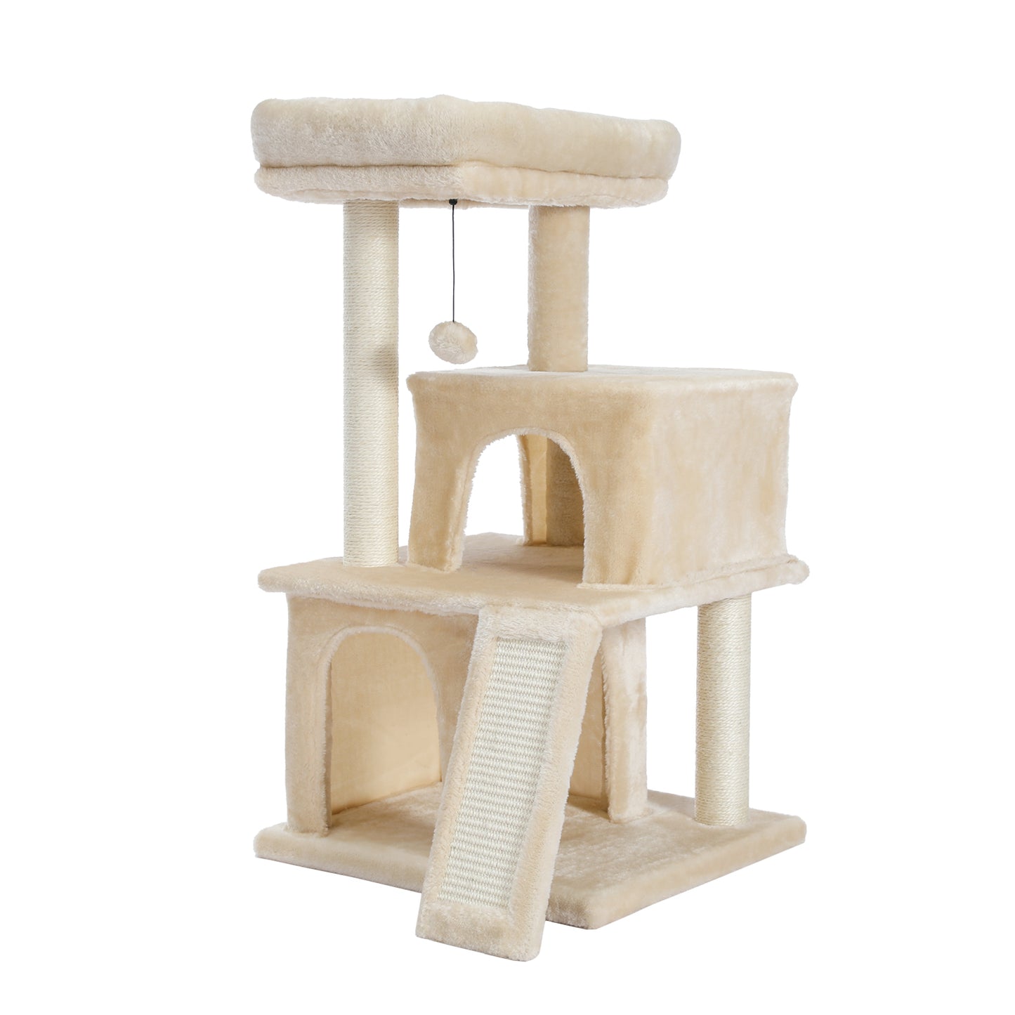 Cat Tree Luxury 34 Inches Cat Tower with Double Condos, Spacious Perch, Fully Wrapped Scratching Sisal Posts and Replaceable Dangling Balls Beige