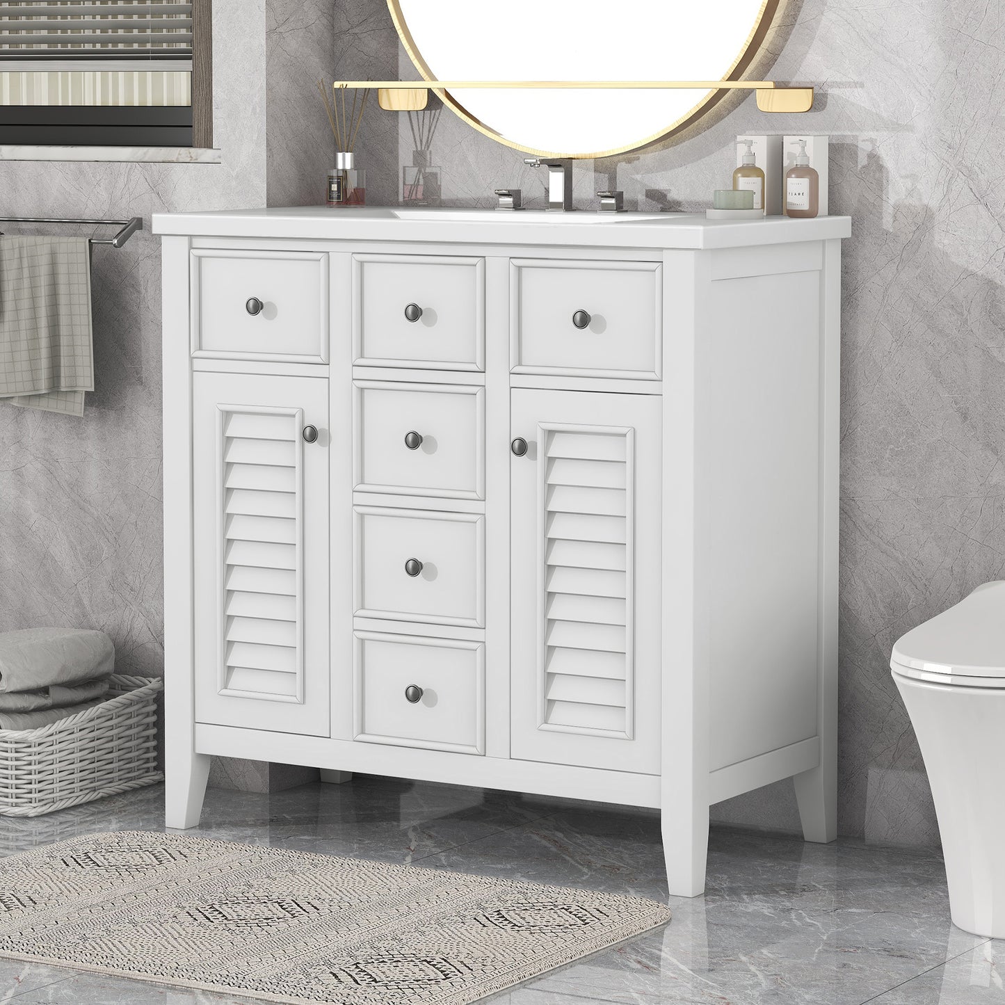 36" Bathroom Vanity with Ceramic Basin, Two Cabinets and Five Drawers, Solid Wood Frame, White