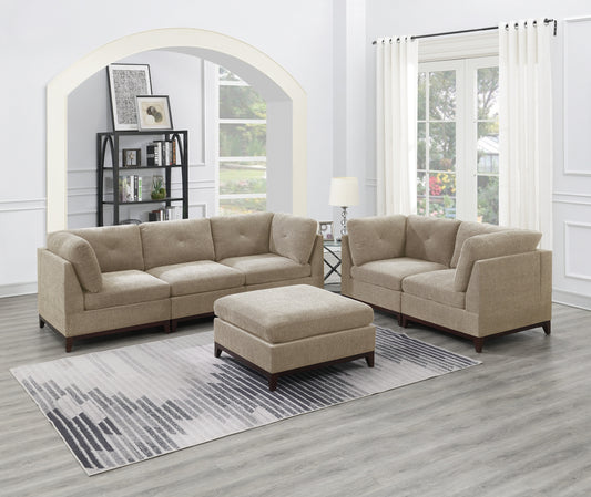 Camel Chenille Fabric Modular Sectional Sofa 6-Piece Set with Tufted Back and Exposed Wooden Base