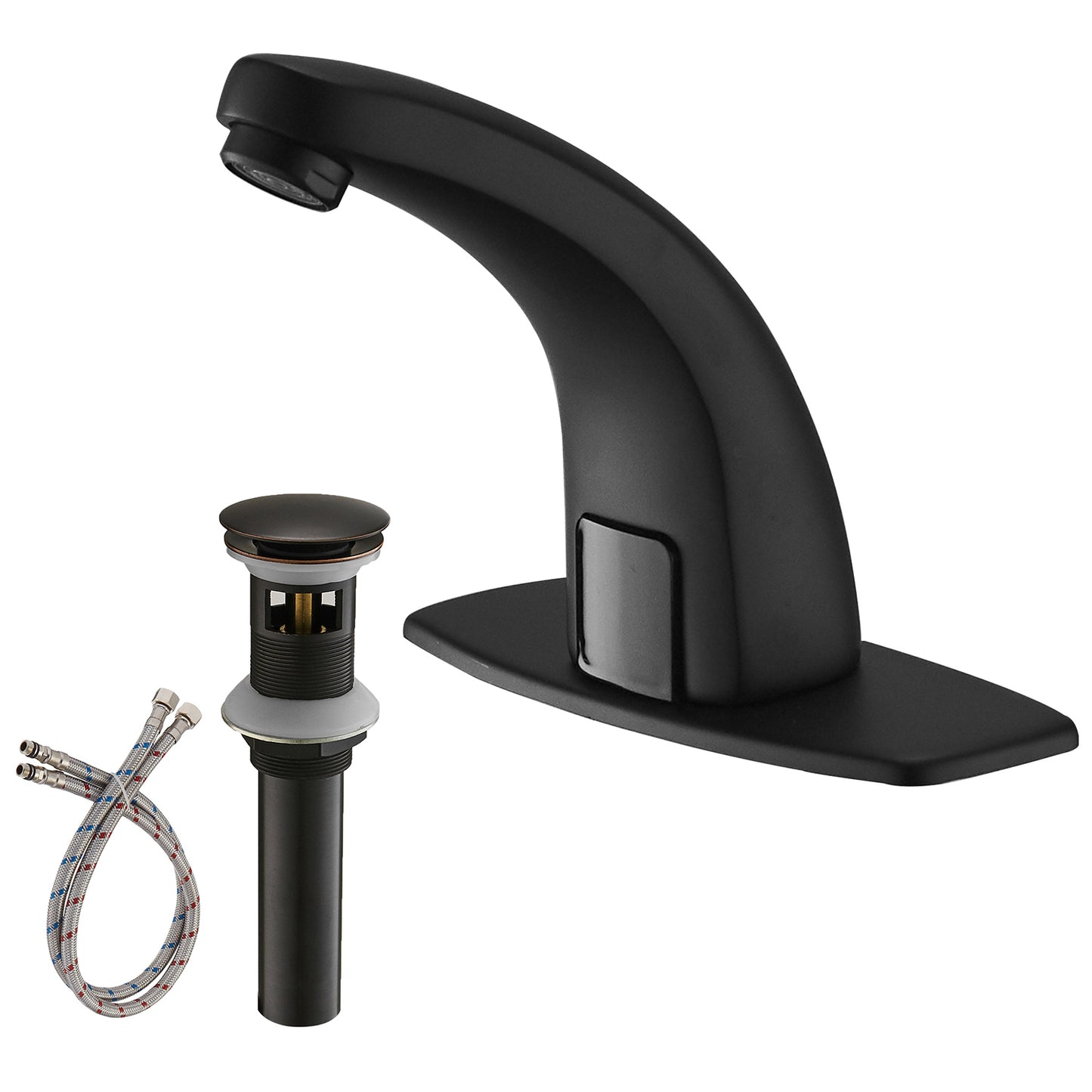 Matte Black DC Powered Touchless Bathroom Faucet with Deck Plate & Pop Up Drain