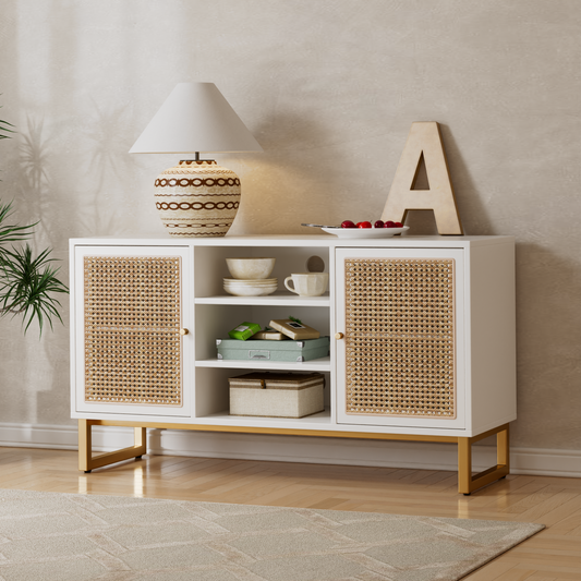 47 Inch White Rattan TV Stand with Adjustable Shelves and Metal Legs