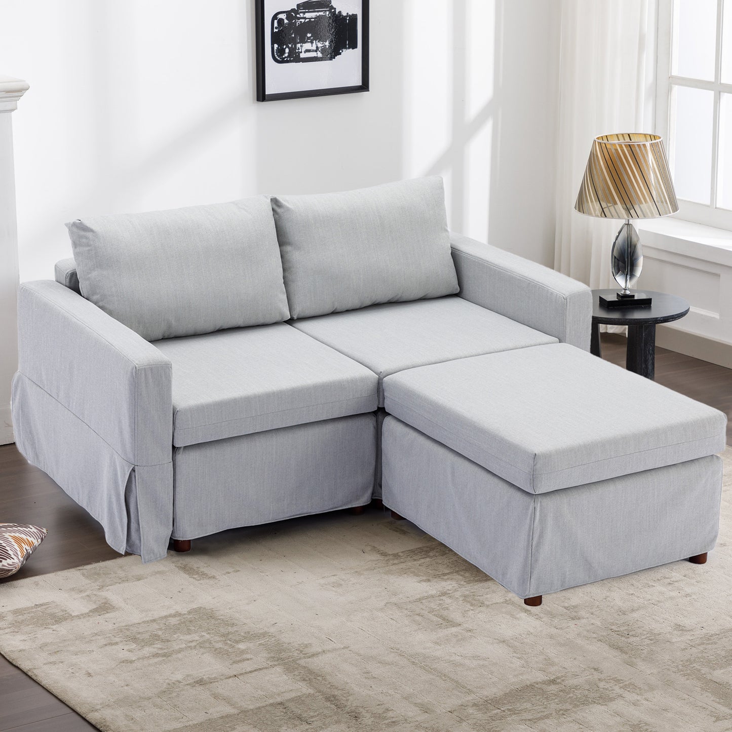 2-Seater Modular Sectional Sofa with Ottoman, Light Grey