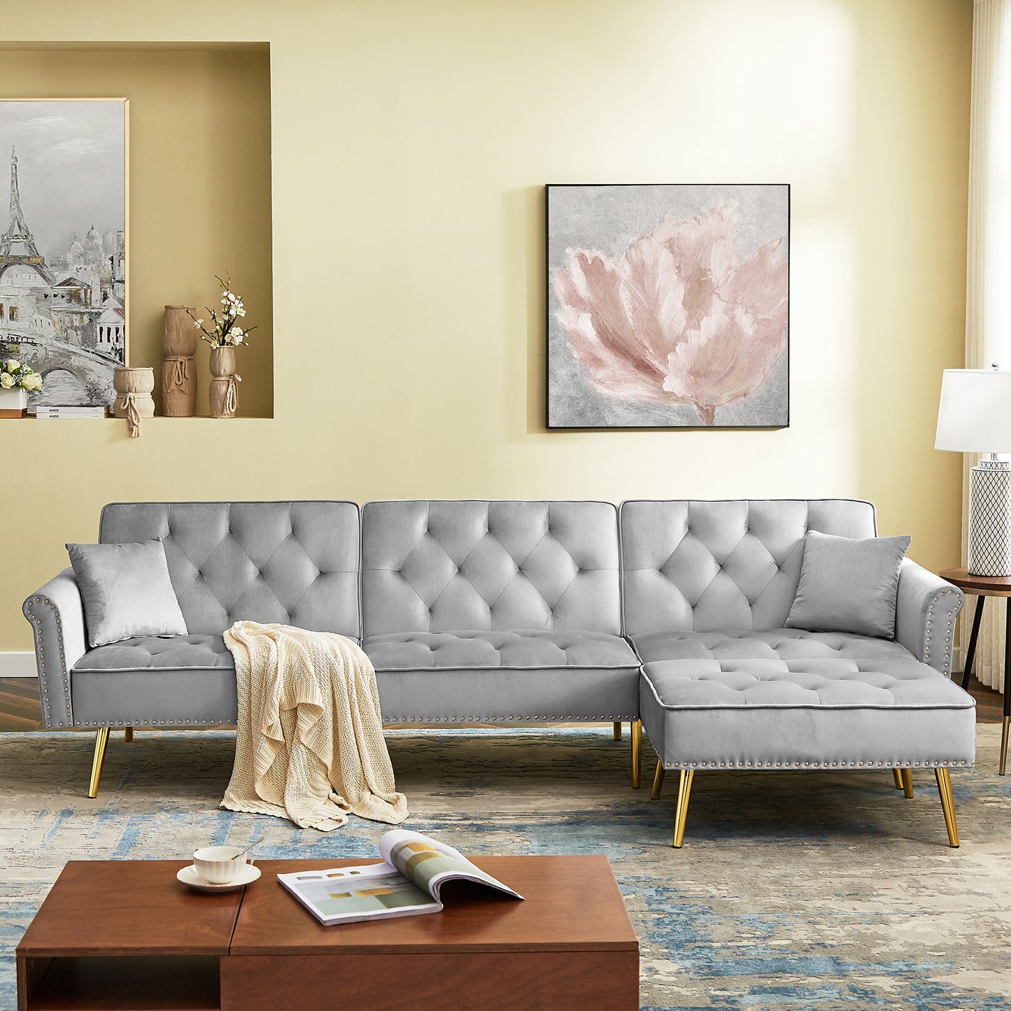 Modern Velvet Upholstered Reversible Sectional Sofa Bed , L-Shaped Couch with Movable Ottoman and Nailhead Trim For Living Room. (Light Grey)