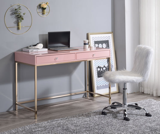 Elegant Pink and Gold Writing Desk with Storage Drawers