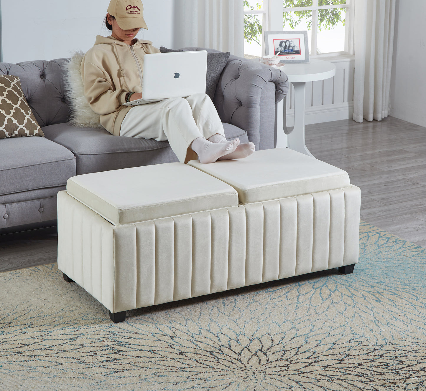 Contemporary Beige Velvet Storage Ottoman Bench with Coffee Tray and High-Density Sponge Fill