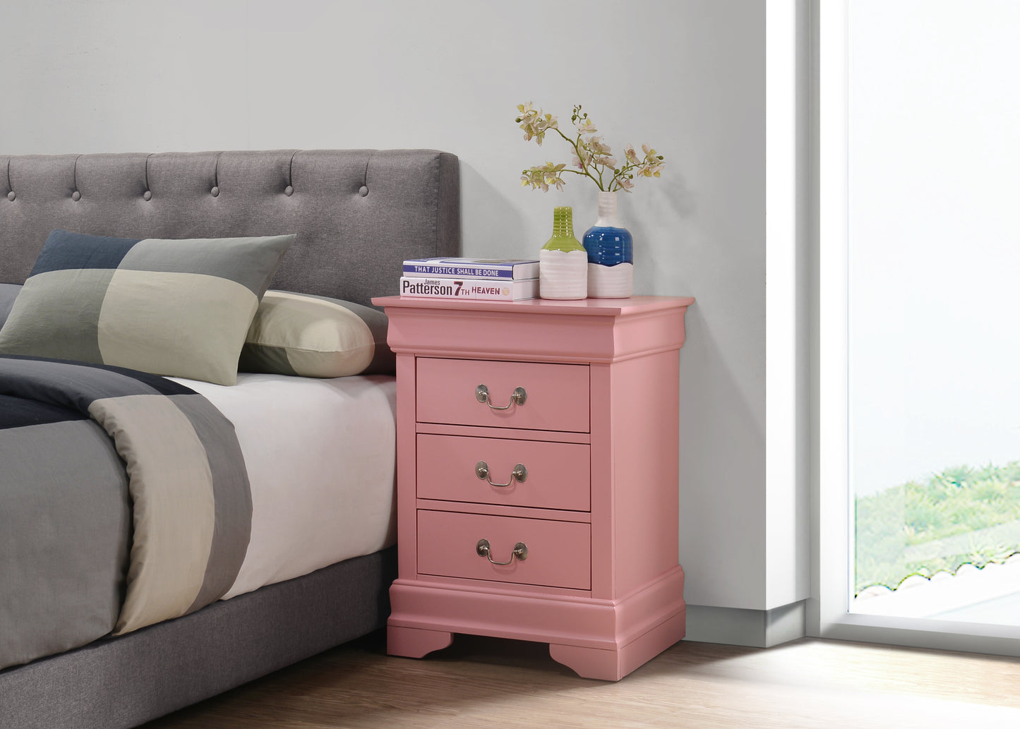 Louis Phillipe G3104-3N 3 Drawer Nightstand , Pink