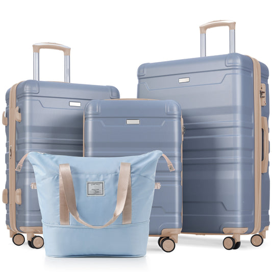 Luggage Sets 4 Piece, Expandable ABS Durable Suitcase with Travel Bag, Carry On Luggage Suitcase Set with 360° Spinner Wheels, light blue